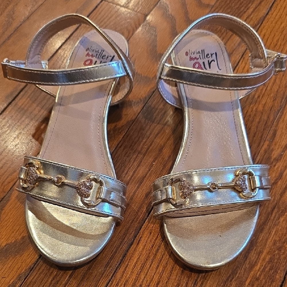 Olivia Miller Girls Metallic Gold Dress Sandals with Chain Accent
